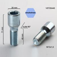 Šroub M12x1,5x45 kužel s vnitřním mnohohranem, průměr hlavy 20mm, výška 71  